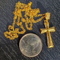 Gold Plated Cross Pendant 18 Inch Rolo Chain Necklace 