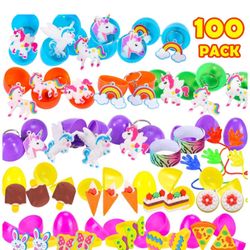 100 Sets Toy Filled Easter Eggs - 2 3/8" Plastic Easter Eggs Basket Stuffers Fillers - Kids Toys for Easter Hunt,Bright Solid for Theme Party Favor (1