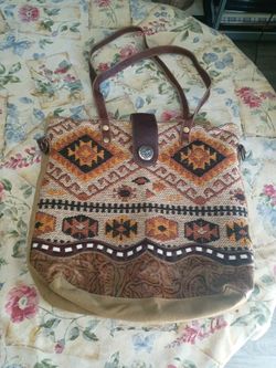 Boho Tapestry & Leather Tote Bag