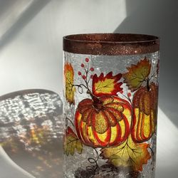 Crackle Glass Fall/Autumn/Thanksgiving Pumpkins Candle Holder / Vase  