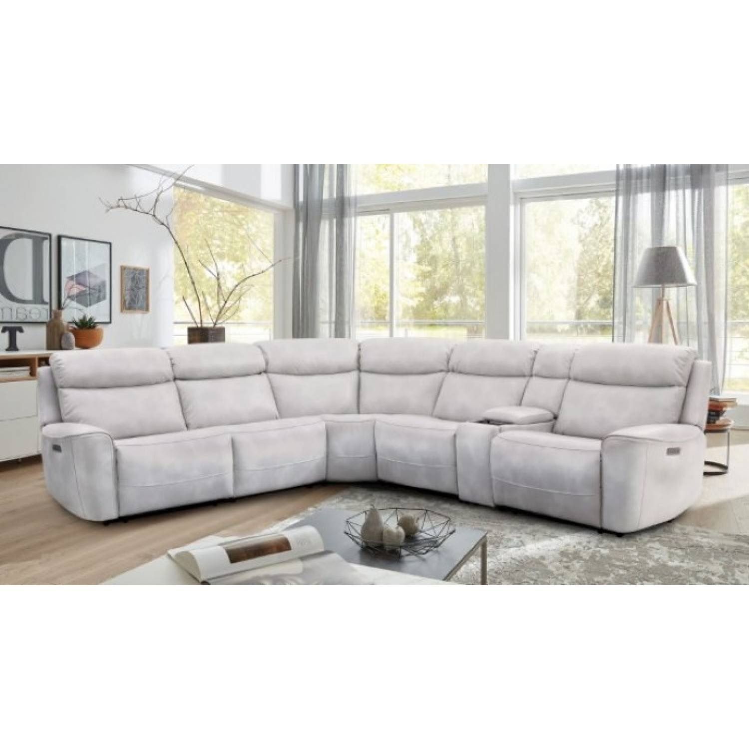 LIGHT TAUPE ZERO GRAVITY SECTIONAL SOFA POWER RECLINER CUPHOLDERS STORAGE CONSOLE