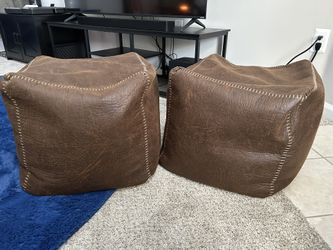 Set Of 2 Honeybloom Faux Leather Brown Pouf with Baseball Stitch