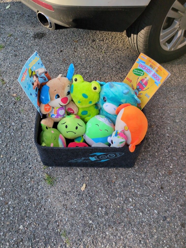 Basket Of Stuffies And 2 Coloring Books