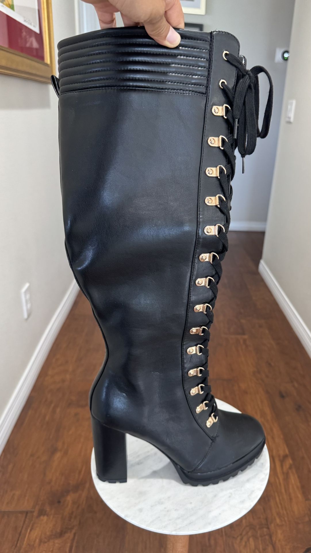Elegant Black Lace-Up Knee-High Boots. Size 8.5