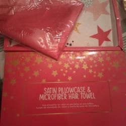 Satin Hot Pink Pillowcase & Star Print Microfiber Hair Towel Arcadia Beauty NEW