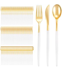 I00000 300 Pcs Gold Plastic Silverware - Gold Disposable Silverware - Premium White Cutlery Set Include 100 Forks 100 Knives 100 Spoons,Plastic Cutler
