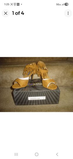 Women's Pleaser Tan Faux Suede Fringed High Heels Shoes - Sz. 7- New 