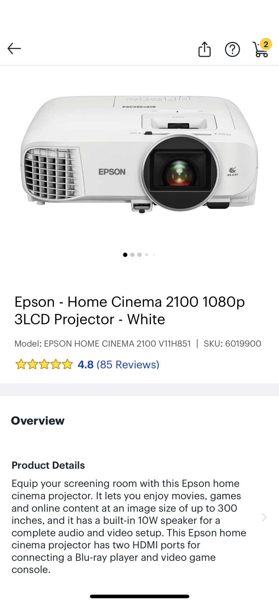 Epson Home Cinema 2100 1080p 3LCD Proiector White