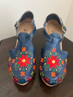 Mexican Huarache Floral Embroidered Wedge Sandals Blue US 8