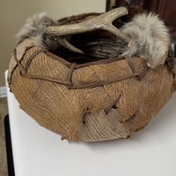 Southwestern Native American Hand Woven Deer Antler Fur Feathers Bark 10”