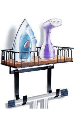 Metal and wood ironing board shelf