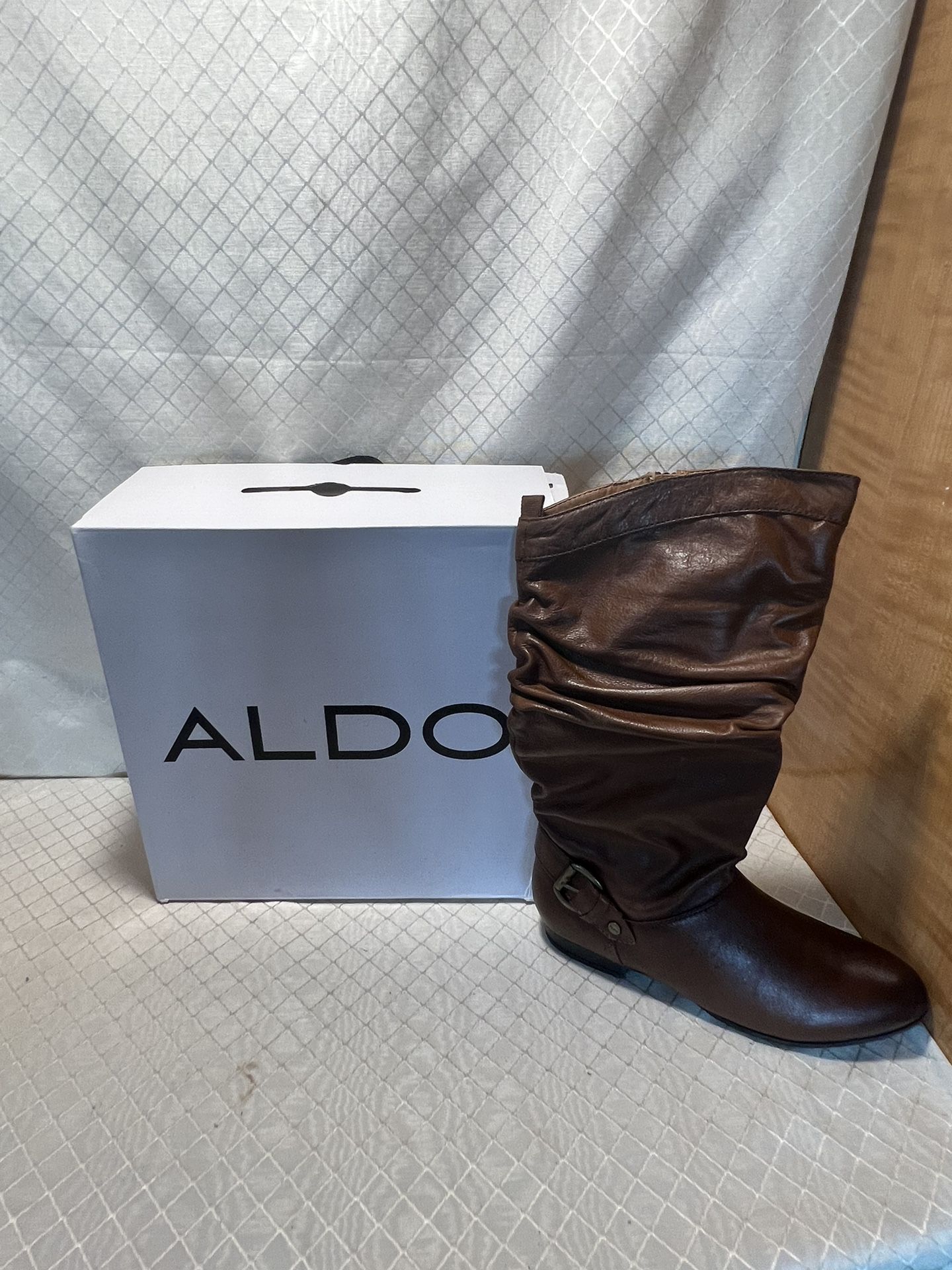 ALDO HER  Brown Leather Side Zip Calf Buckle Mid Calf Boots Women’s Size 8 New
