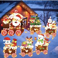 6 Pcs Christmas Train Yard Signs with LED Lights Xmas Tree Santa Elf Snowman Train Set Lawn Signs with Stakes Glow in The Dark Sleigh Reindeer