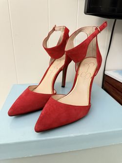 Red suede high heels with ankle strap