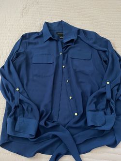 Blue Button-Down Blouse with Tie Hem