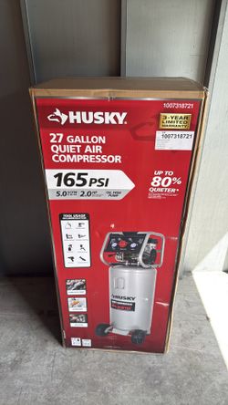 Brand new husky 27 Gal.165 PSI Vertical Electric Oil-Free Quiet Auto/Workshop Air Compressor with Dual Gauges and 2-Quick Couplers