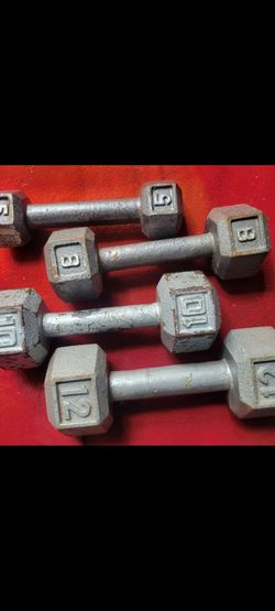 SINGLE HEXHEAD DUMBBELLS 
1-12LB.  1-10LB. 1-8LB. 1-5LB. TOTAL 35LBs
11525 S HALSTED /7111.S WESTERN 
30$  CASH ONLY AS IS.