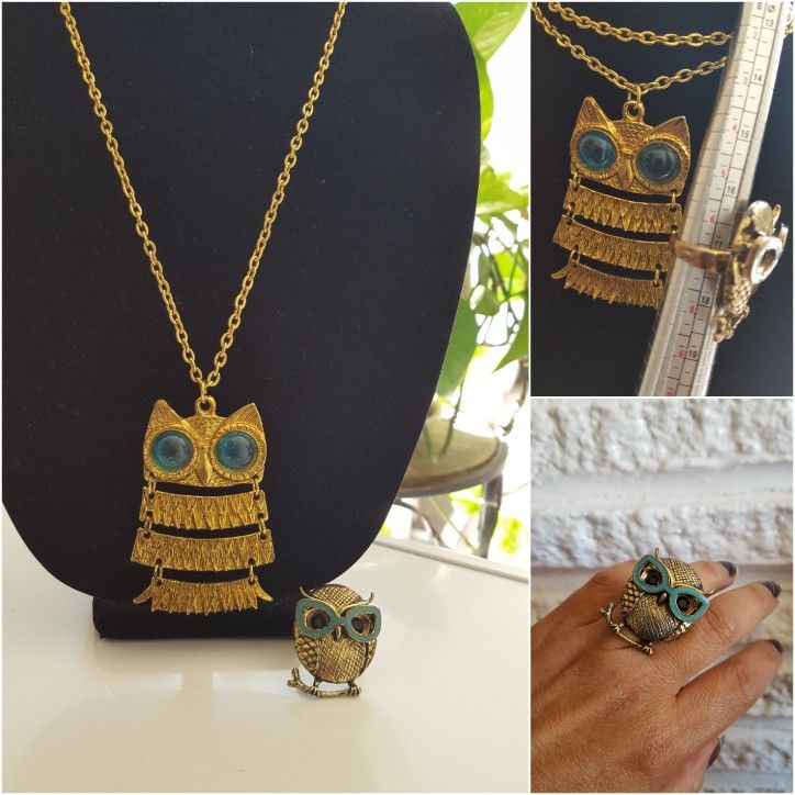 Beautiful Vintage Owl set, Necklace & Ring Sz7, Antique but in good condition, Gold Tone.#722