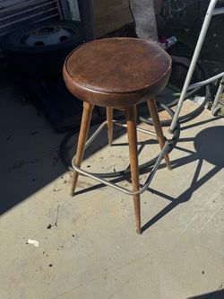 Vintage Wood Bar Stool with Metal Footrest