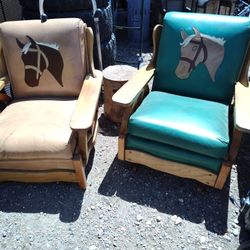 Vintage Maple Wagon Wheel Western Ranch Lounge Chair and Platform Rocker - Pair