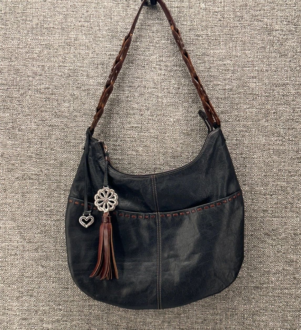 Brighton Hobo Bag Black Brown Kodiak Leather Hobo Shoulder Boho Y2k 70s 90s