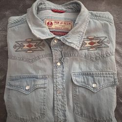 Iron Resin Tonopah Shirt LARGE Bleach Pearl Snap Embroidered Western Fashion