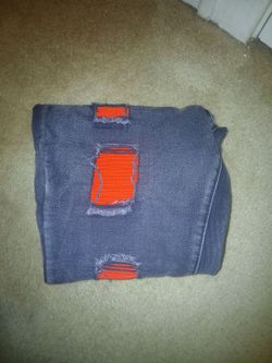 Dark Wash Distressed Jeans with Red Patches