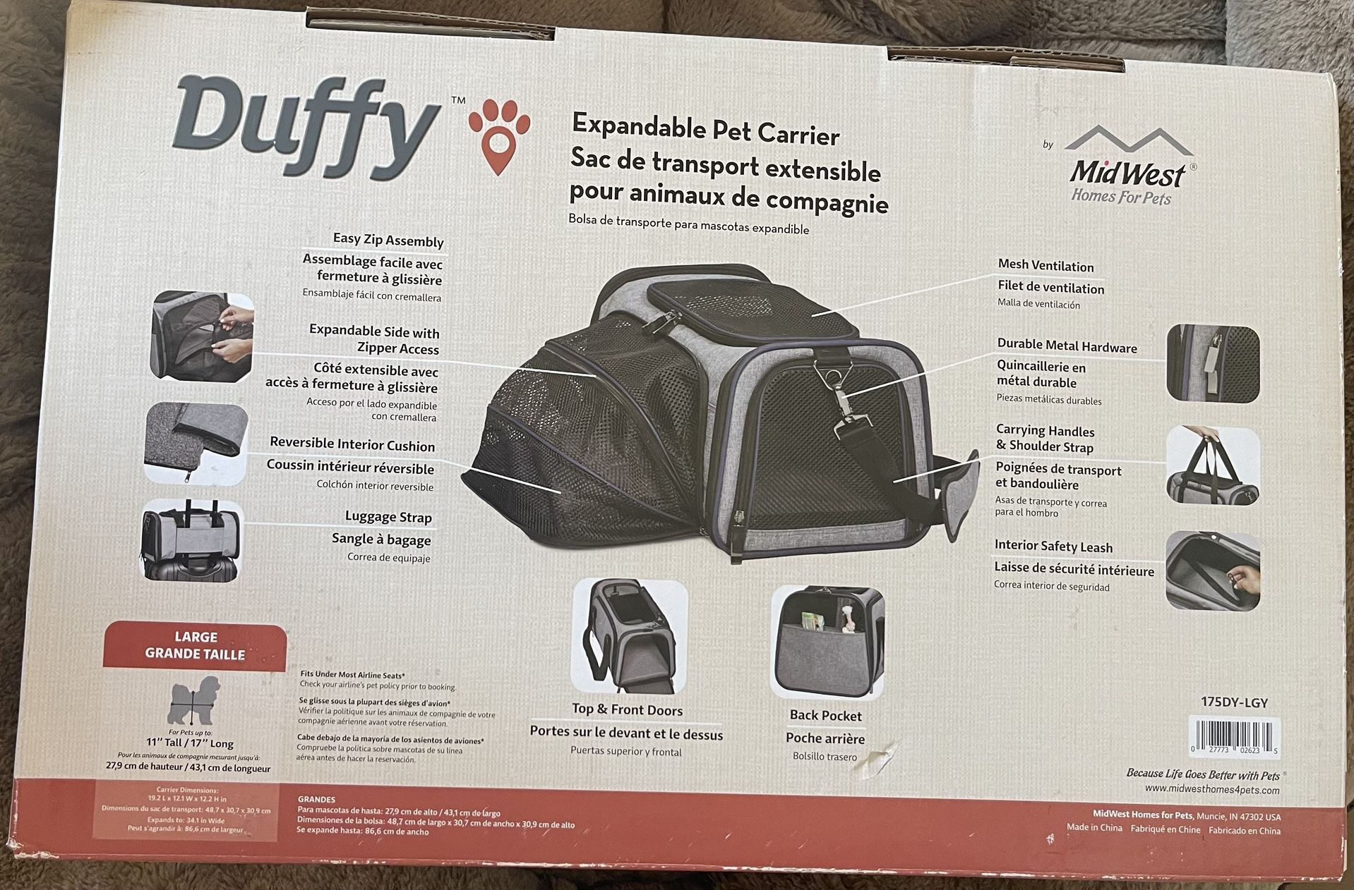 MidWest Duffy Dog & Cat Carrier, Gray, Large