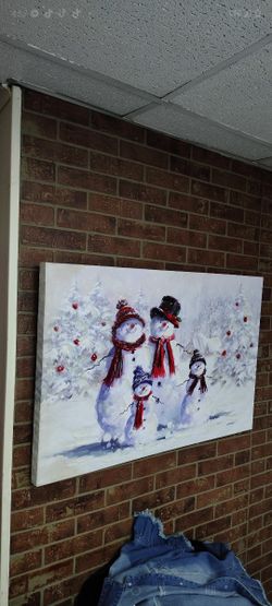 Snowman Family Winter Wall Art – Large Holiday Canvas Print – Rustic Christmas Decor
