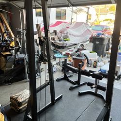 Squat Rack w/ Pulleys + Lifting Equipment 