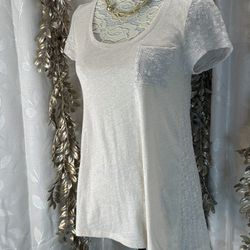 Anthropologie Tan Beige Sweater Knit Sleeve & Back Flowy Tee Shirt Women’s Small