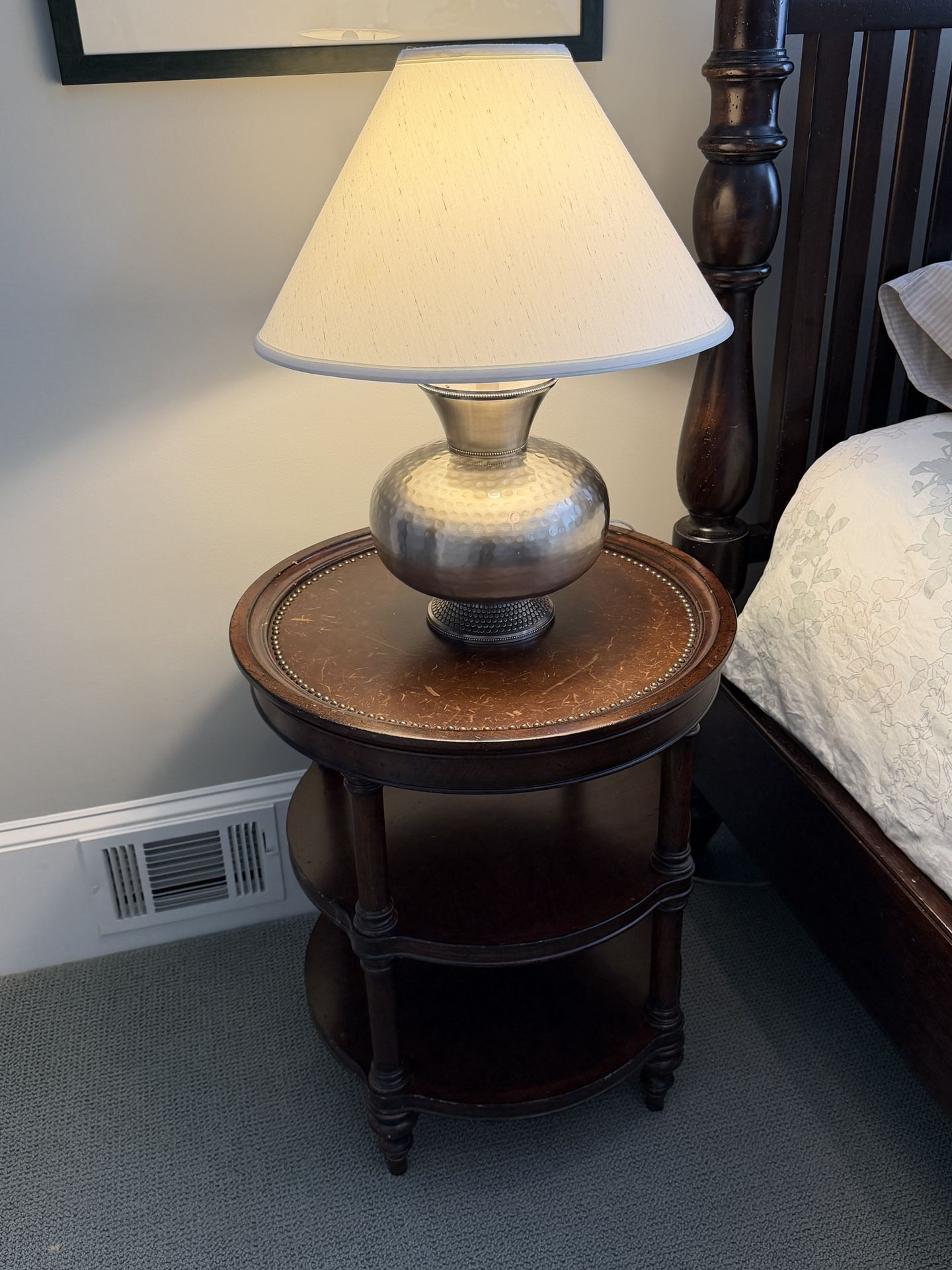 Three Tiered Distressed Leather Top Side Table