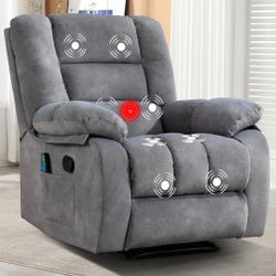 Recliner Massage Chair with Vibration and Heat, Soft Fabric Overstuffed Reclining Sofa for Living Room with Side Pocket, Light Grey