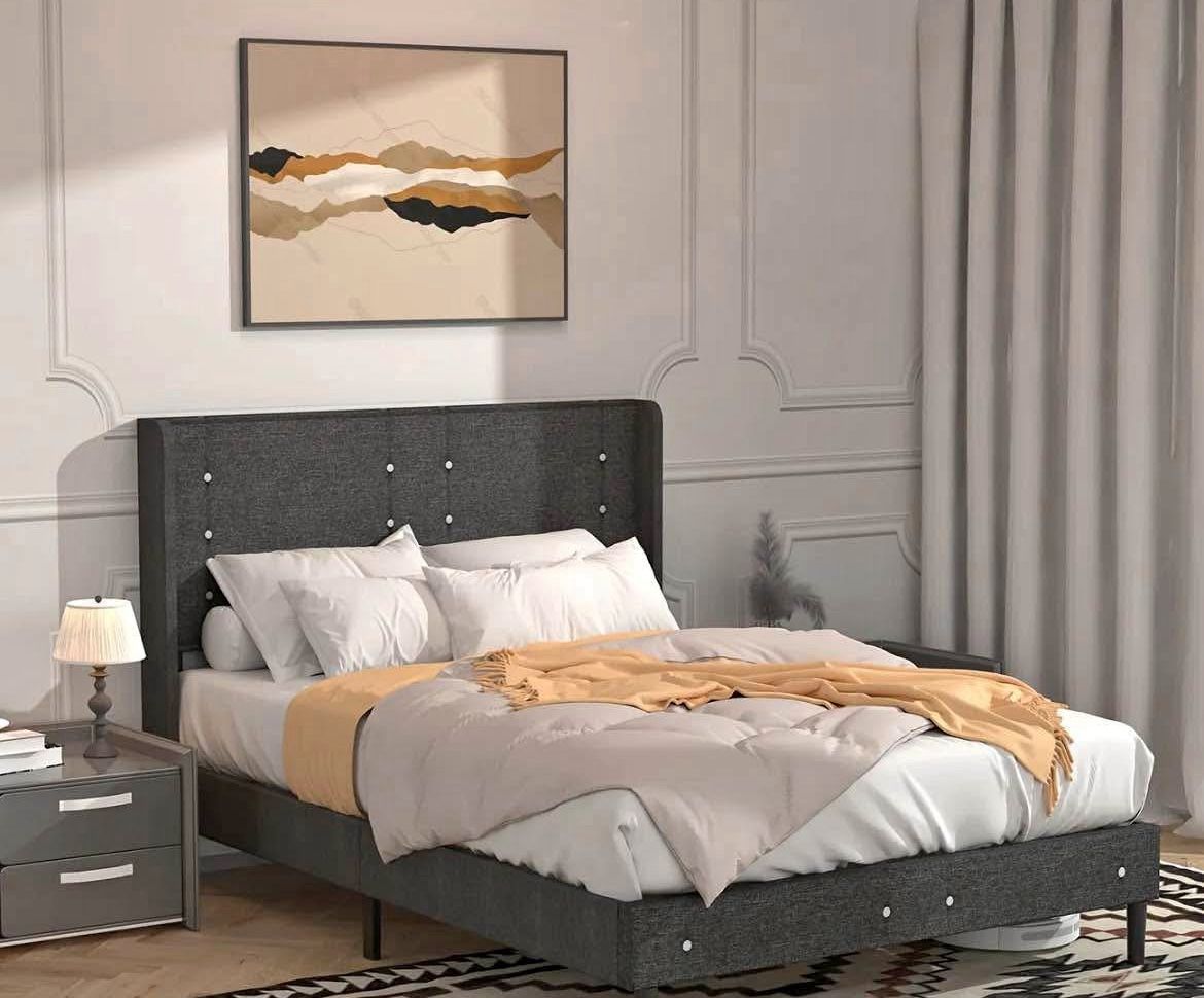 Queen Tufted Upholstered Platform Bed Frame with Linen Height Headboard, Wood slats, No Box Spring