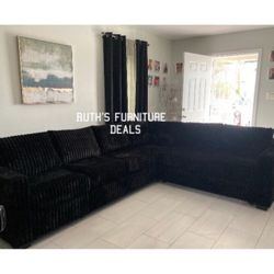 Large 2-pc Sectional Sofa Black Fur-Like Jumbo Corduroy Brand NEW 