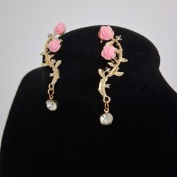 Gold Tone Pink Ear Cuff Climbers Earrings.