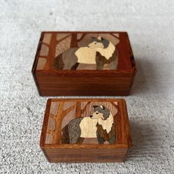 Set of 2 Vintage Wooden Inlay Trinket Boxes – Handcrafted in Canada – Wolf Design
