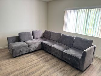 Gray Velvet Sectional Sofa with Storage