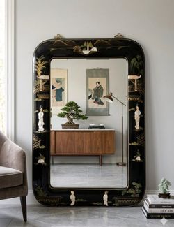 Vintage Chinese Black Lacquer Mirror Carved Mother of Pearl 40x30