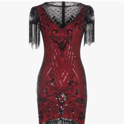FAIRY COUPLE Women's 1920s Lace Collar Dress, Great Gatsby Sequin Cocktail Dress, Art Deco Fringe Dress with Sleeves