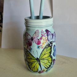 Hand painted and decoupaged jar and wooden spoon set