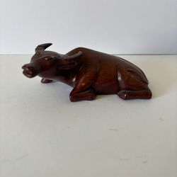 Vintage Hand Carved Rosewood Water Buffalo Sculpture Solid Wood Figurine