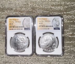 Morgan and peace dollars ms69 first day of fun show label