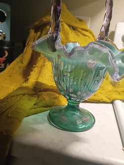 Vintage Fenton Glass "New Century" Hand-Painted Basket - Signed