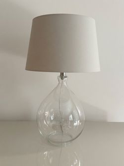 Pair of Clear Glass Gourd / Teardrop Table Lamps with Gray/beige Drum Shades