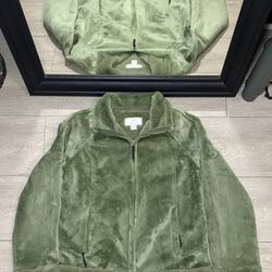 Y2K 2000s Green Tea Olive Green Fur Lined Zip Up Fleece Jacket