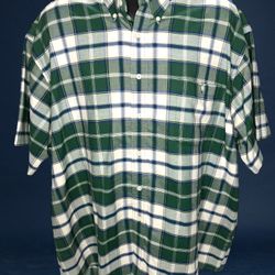 Towncraft Mens XXL Button-Down Shirt Green Blue Plaid Short Sleeve Wrinkle Free