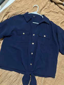 Womens  Navy Blue Tie-Front Button-Up Shirt