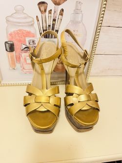 YSL Tribute Gold Patent Heels T strap Sandals