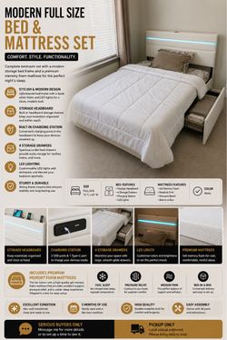 Full Size Bed Frame + Memory Foam Mattress – LED & Storage – Like New